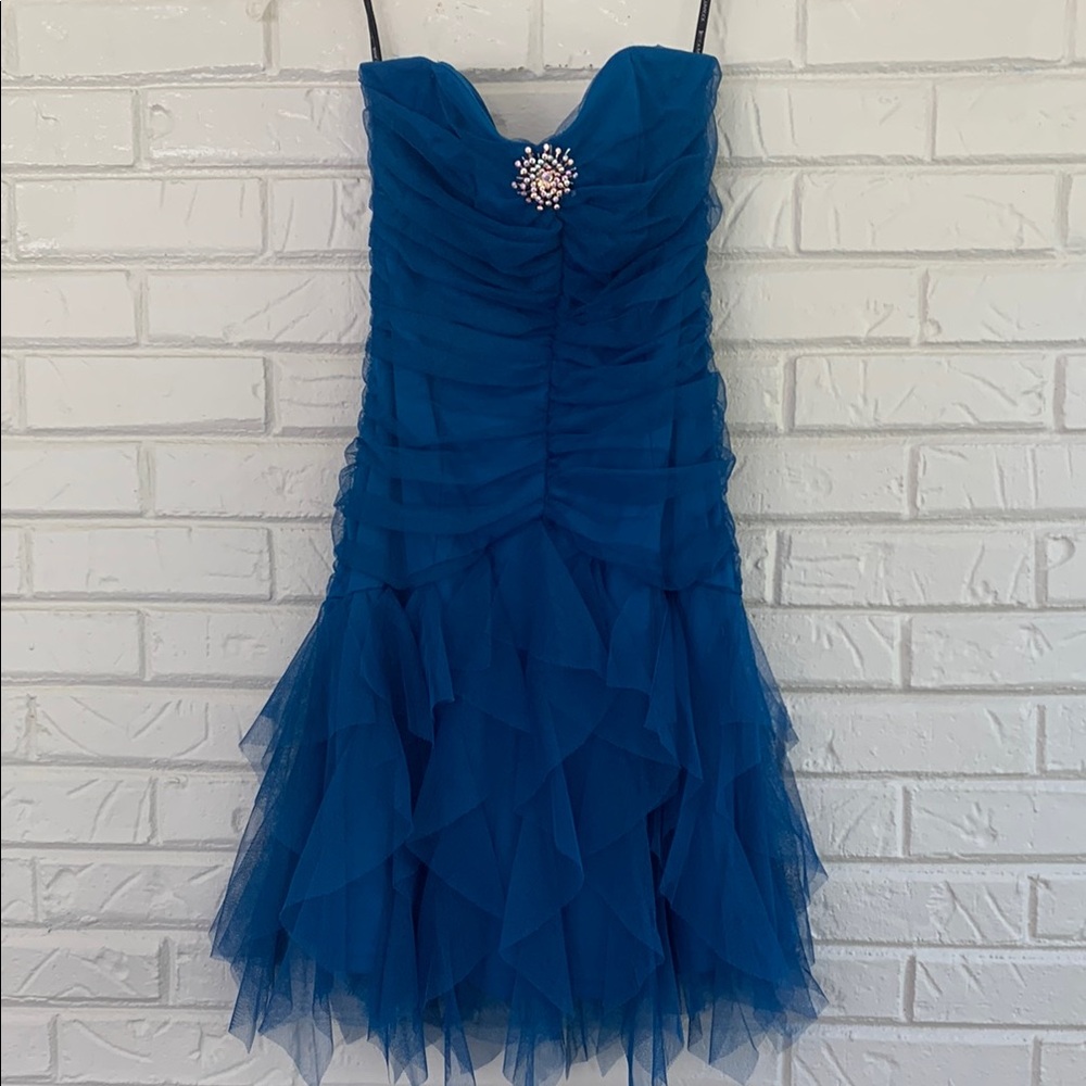 Vintage 80s  Vibe Jessica McClintock Blue Strapless Dress with Jewel Accent
